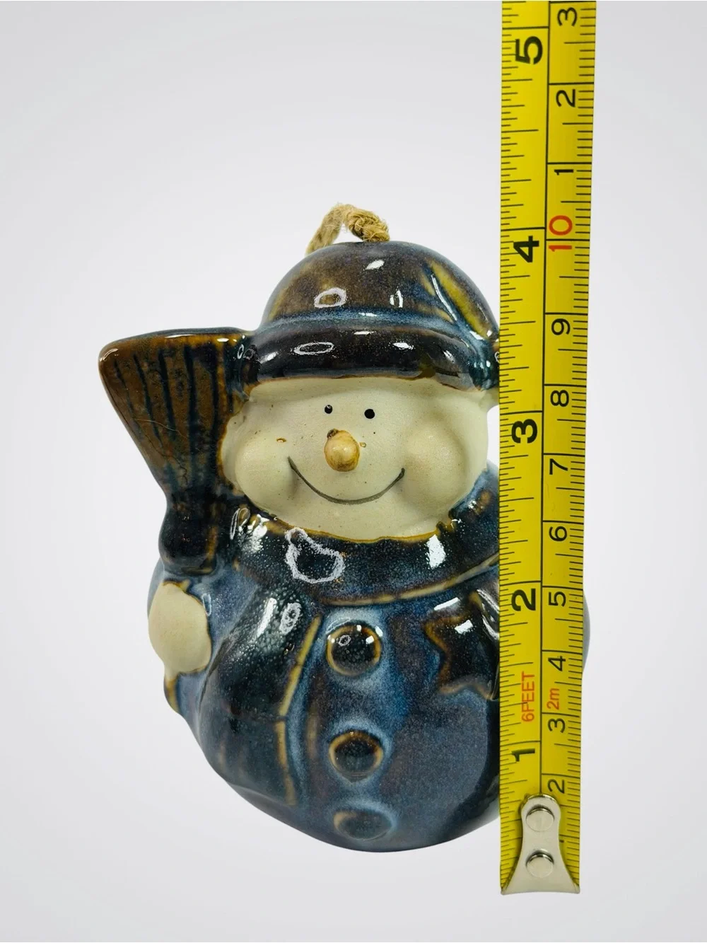 Ceramic Glazed Snowman Hanging Bell Christmas Ornament Cobalt Blue Gold Broom